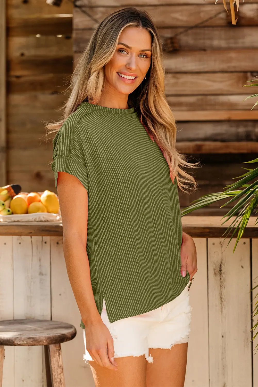 Jungle Green Textured Knit T Shirt with Exposed Stitching - Love Salve